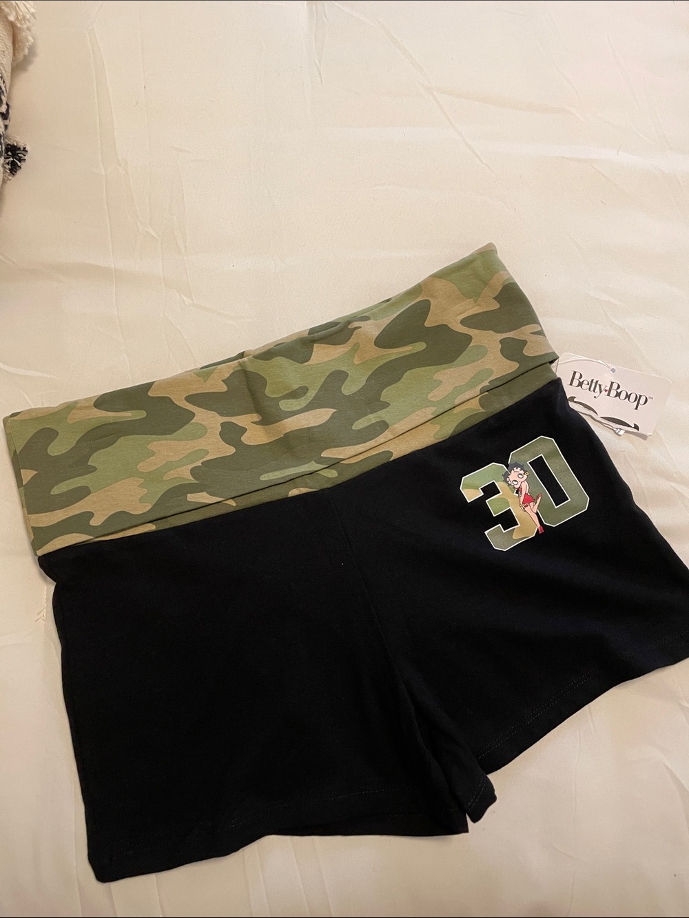 Betty Boop Women's Black body Shorts with Camo Foldover Waist